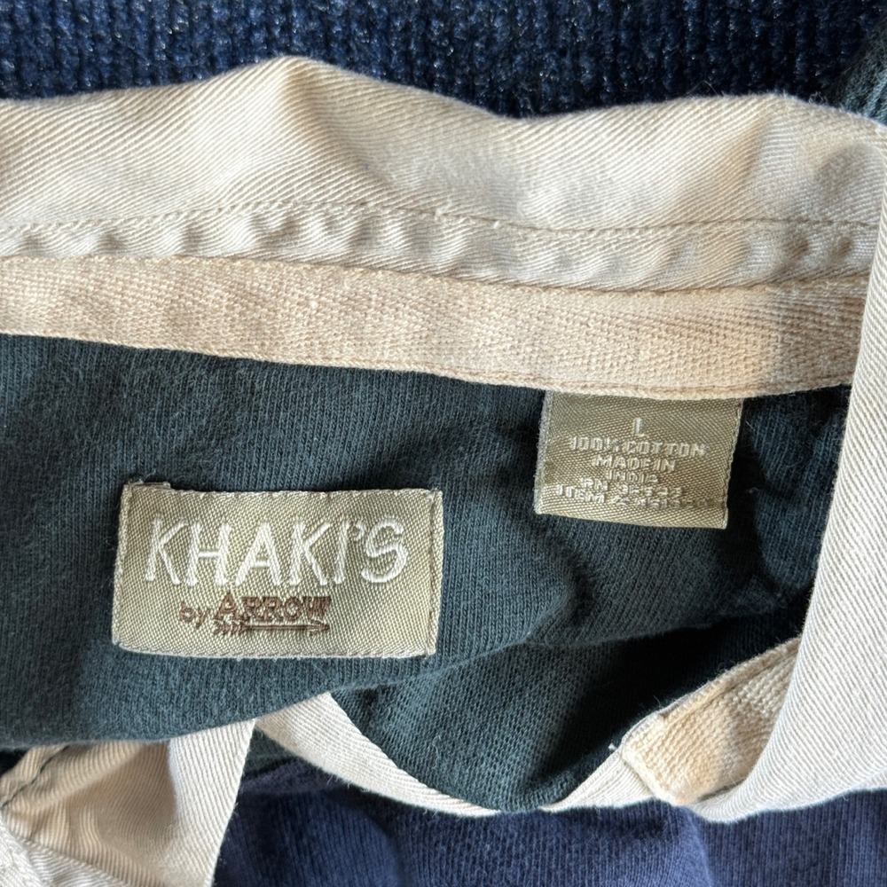Khakis by Arrow Rugby Shirt Mens L 23in Pit Green Navy Striped Cotton - Picture 4 of 5